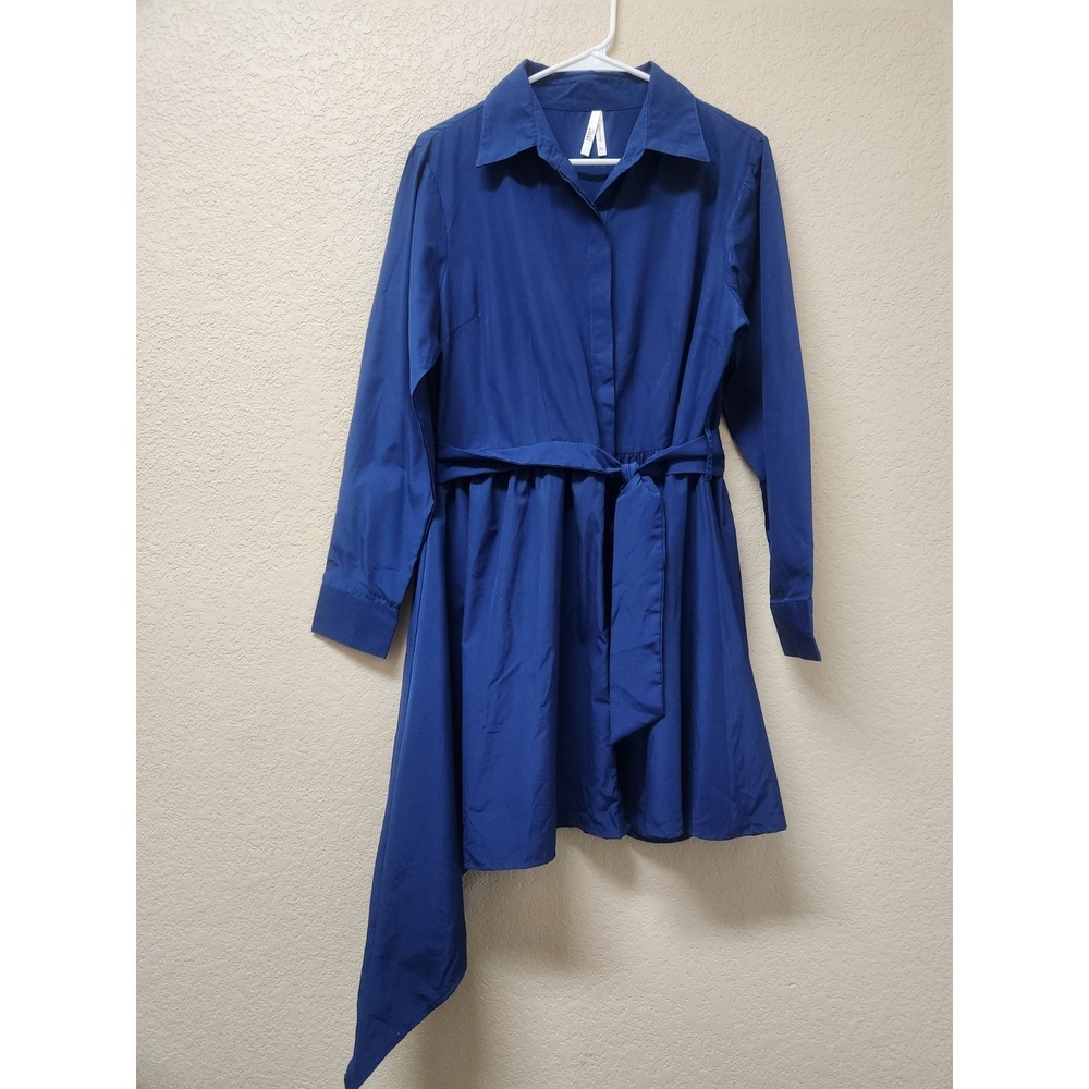True Destiny Womens XL Blue Asymmetric Shirt Dress Casual Elegant Work Office
